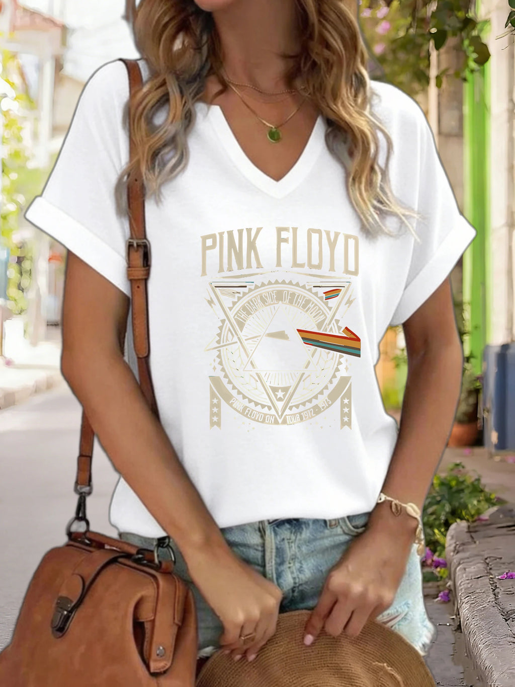 Women's V-Neck "Pink Floyd Dark Side of The Moon" Graphic Tee, Retro