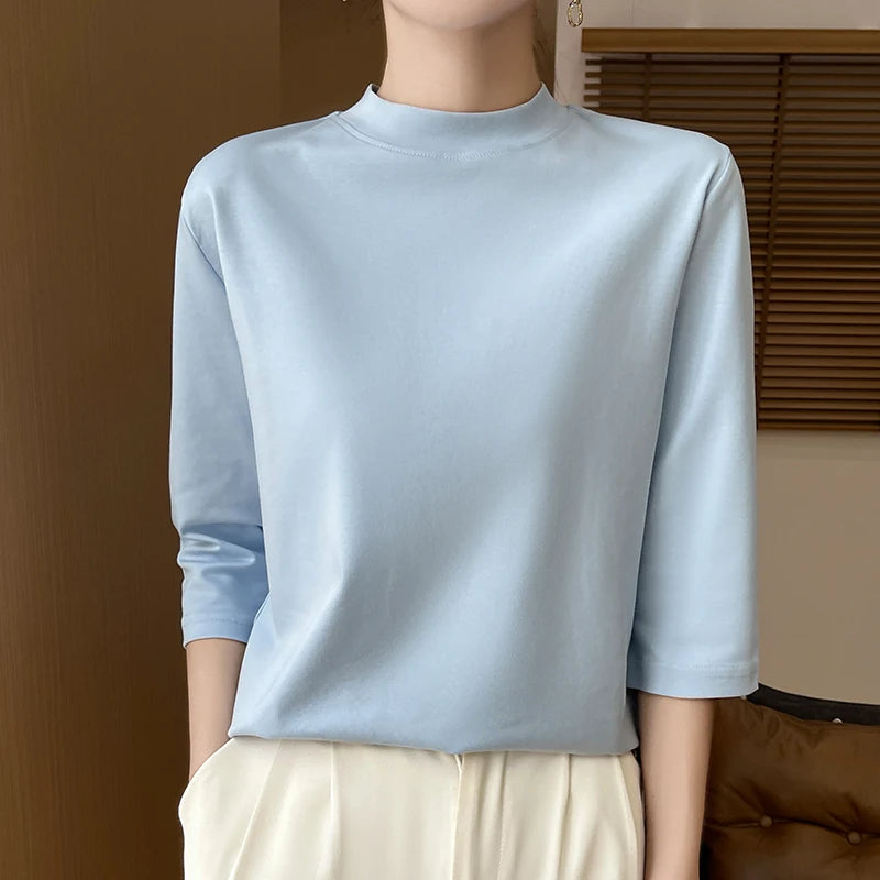 Summer And Autumn New 100% Cotton T-shirt Women's Semi-High-Necked