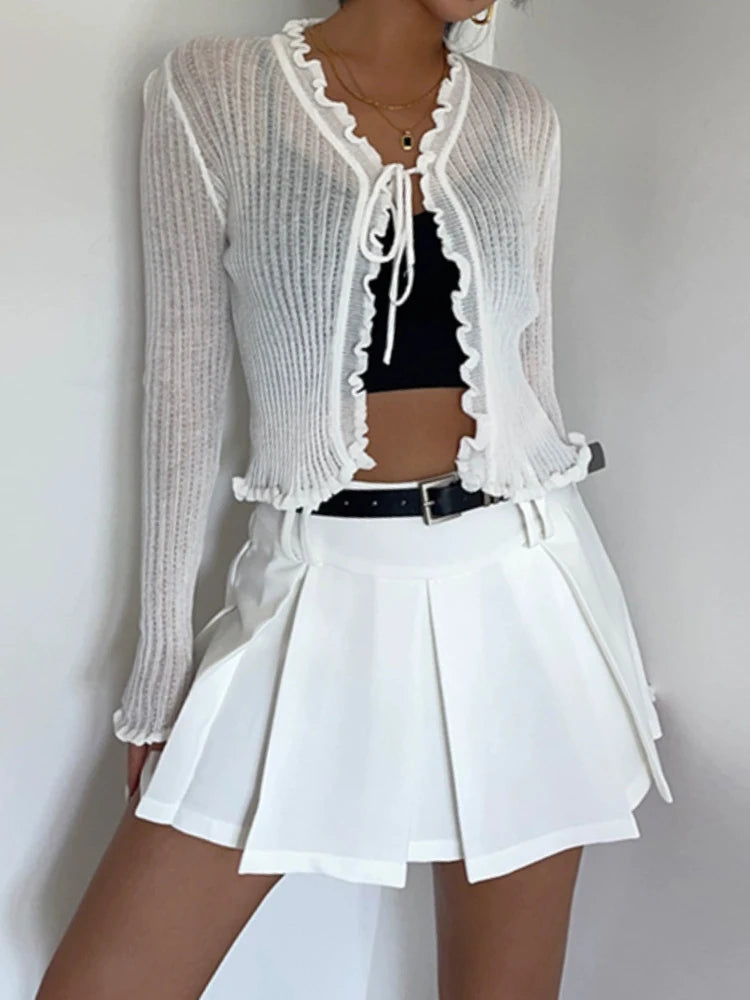 Ribbed Knit Cardigan with Tie Front Ruffled Trim Crop Tops Lightweight