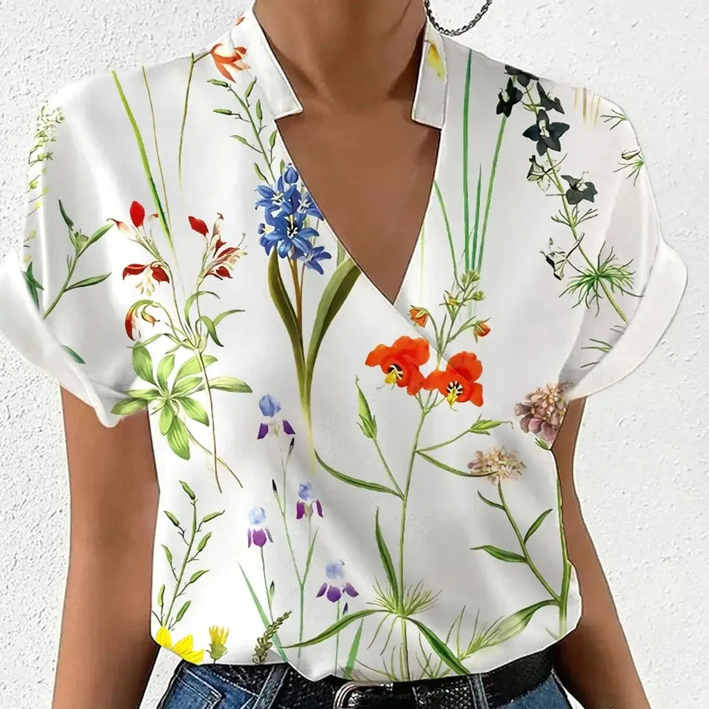 Elegant Blouse Printed Short Sleeve Shirts 2024 Summer Office Lady