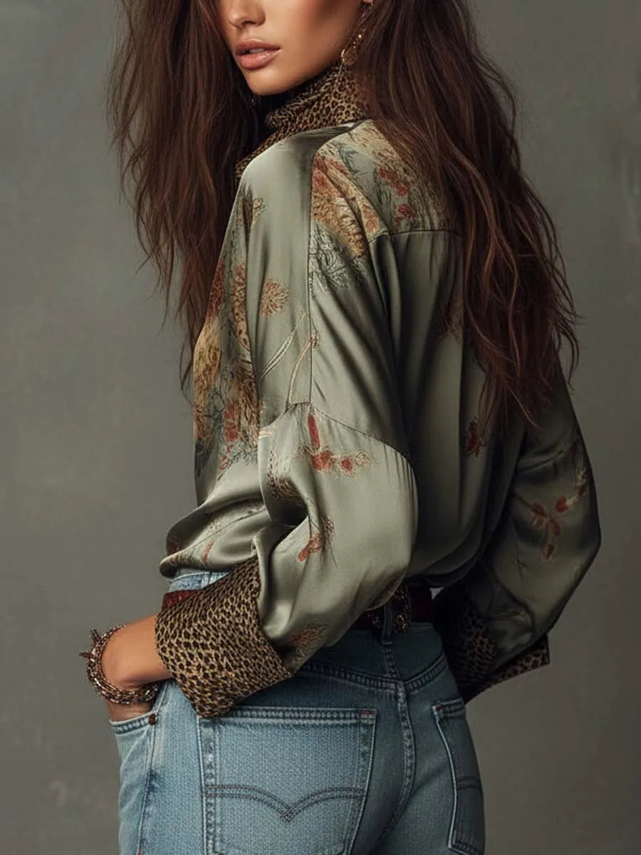 Retro Floral Print Loose Blouse Women Leopard Splice Lapel Button Long