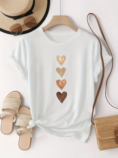 Women's Casual Short Sleeve T-Shirt with Four Heart Graphic Print -