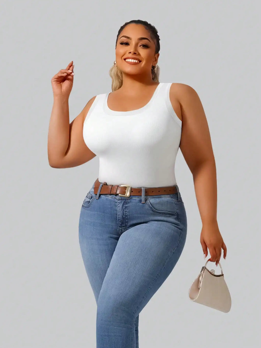 Plus Size Women's Solid Ribbed Tank Top Square Neck Sleeveless Slim