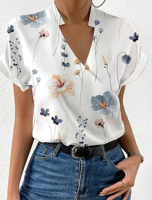 Elegant Blouse Printed Short Sleeve Shirts 2024 Summer Office Lady
