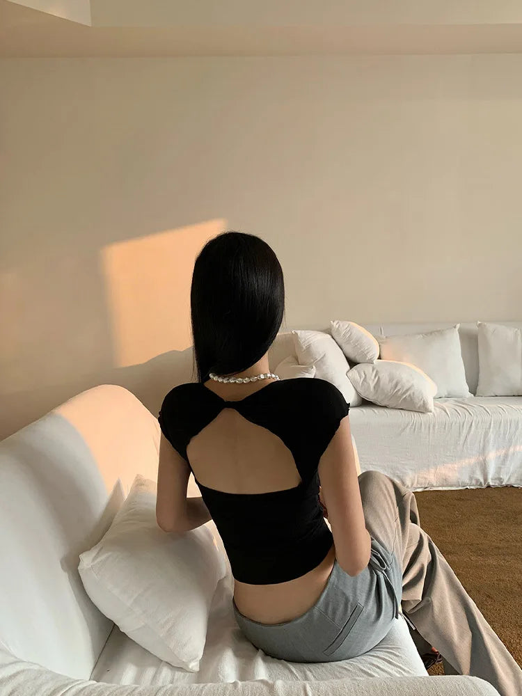 Women's Square Collar Backless Cropped Top Short Sleeve Elegant Summer