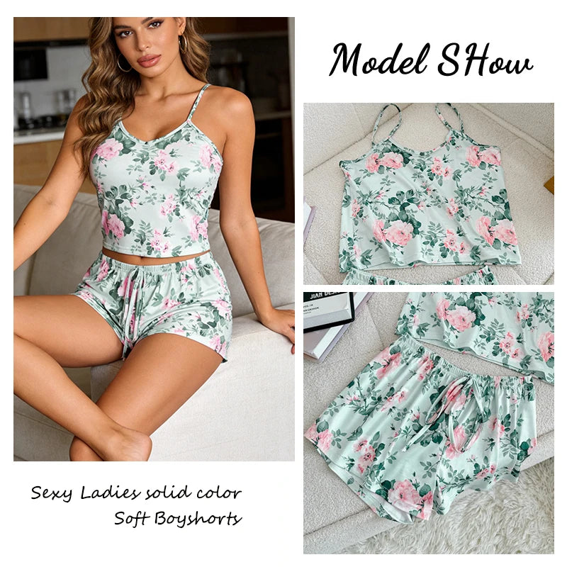 Women Sexy Pajama Ladies Satin Pajama Print Round Neck Ice Silk Top