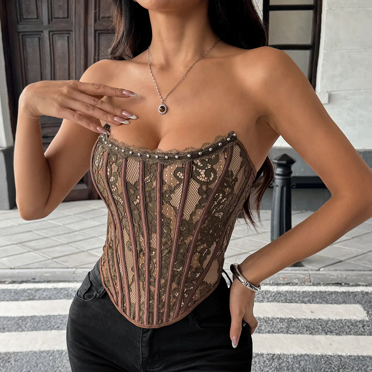 Sexy chic lace Corset Strapless Korean Camis Tank Top Basic Fashion