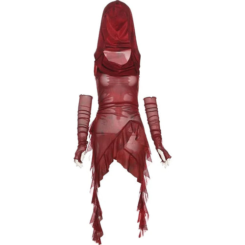 Red Mesh See Through Top Streetwear Hooded T-shirt Irregular Ruffle