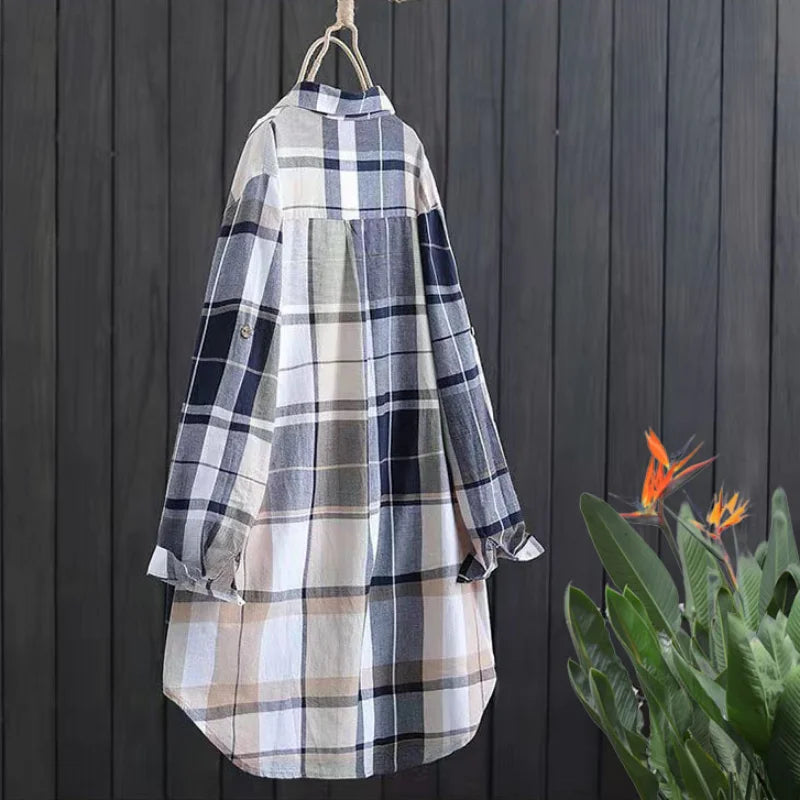 Plaid Cotton Mid Length Blouses Women 2023 Autumn  Long Sleeve Elegant