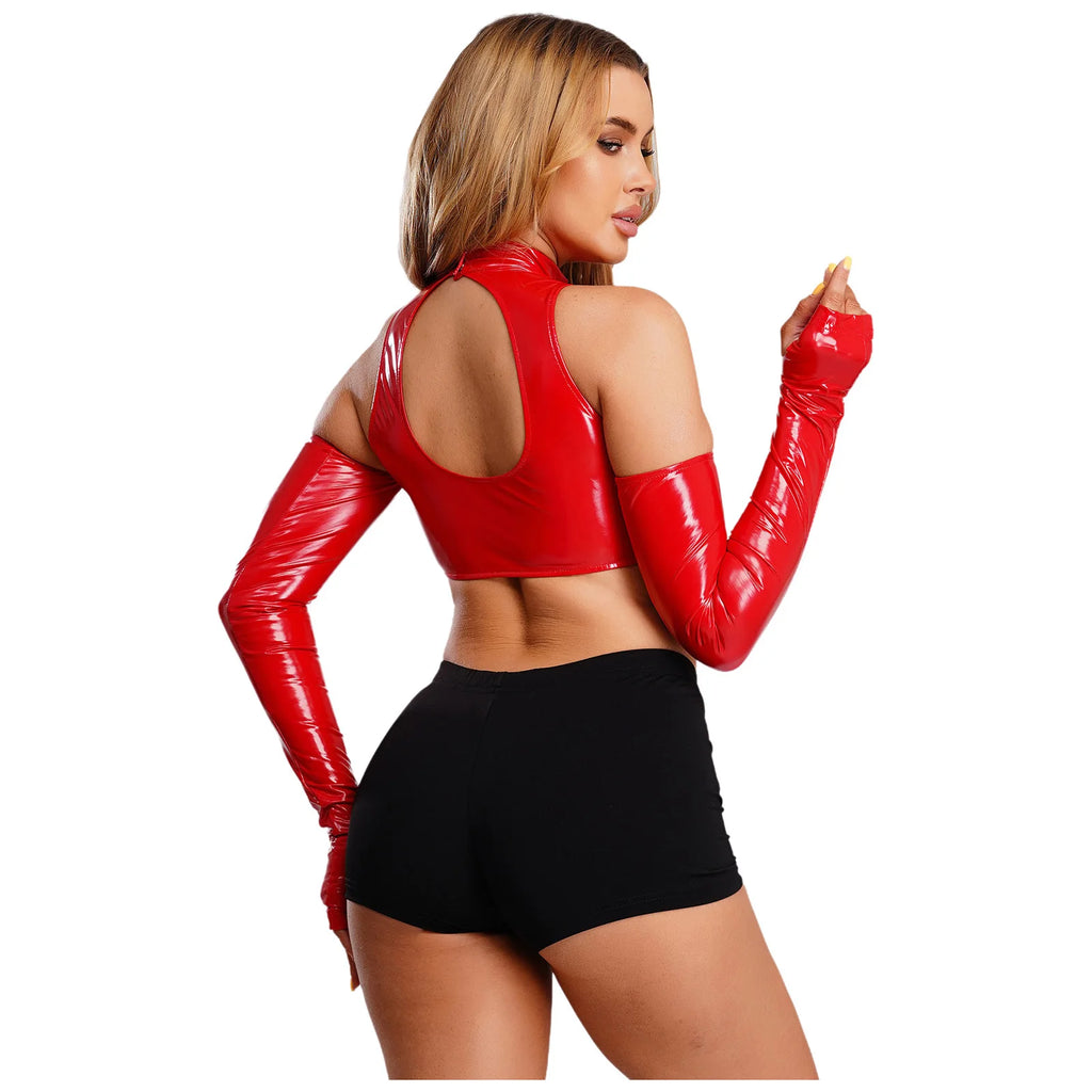 Womens Adult Glossy PU Cropped Top Cold Shoulder Long Sleeve Hollow