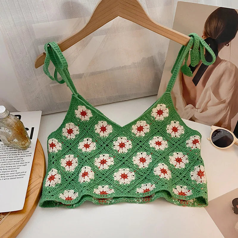 Floral Crochet Top with Tie Shoulder Strap Open-knit Cami Tank Women
