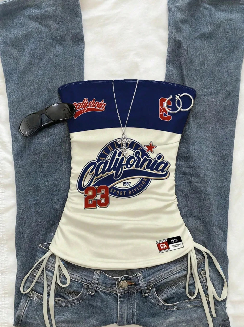 cropped top  ，Women's Summer Drawstring Tie Front Cutaway Tapered Tank
