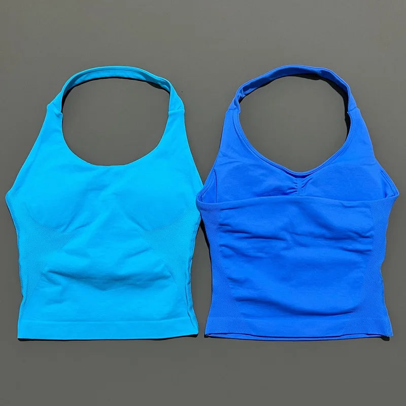 Histello Longline Strappy Top Women Sports Tank Halter Seamless Ruched