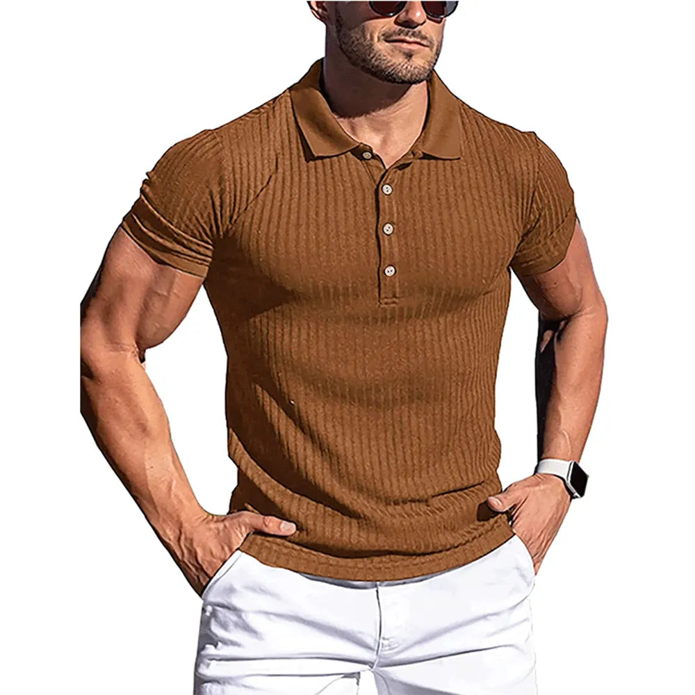 New Summer Polo Men Solid Stripe Fitness Elasticity Short Sleeve Polo