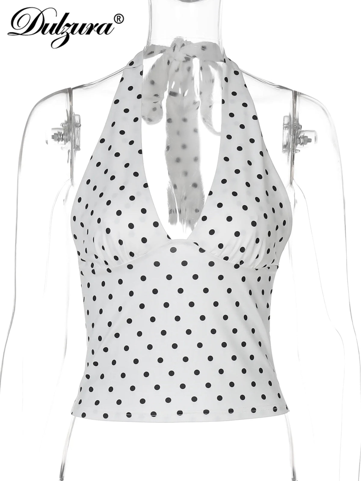 Dulzura Halter Sleeveless Backless Slim Lace Up Polka Dot Print Top
