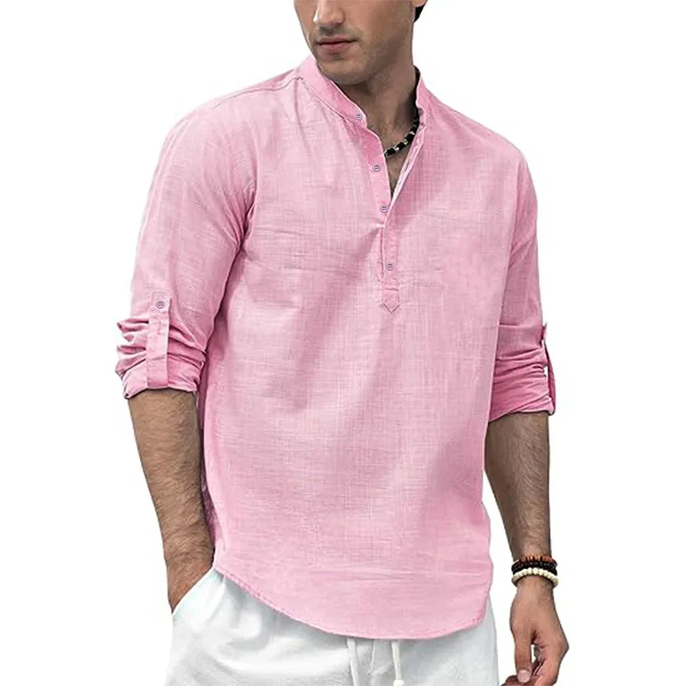 Summer Spring Men's Long Sleeve Polo Shirt Cotton Linen T-shirt Henley