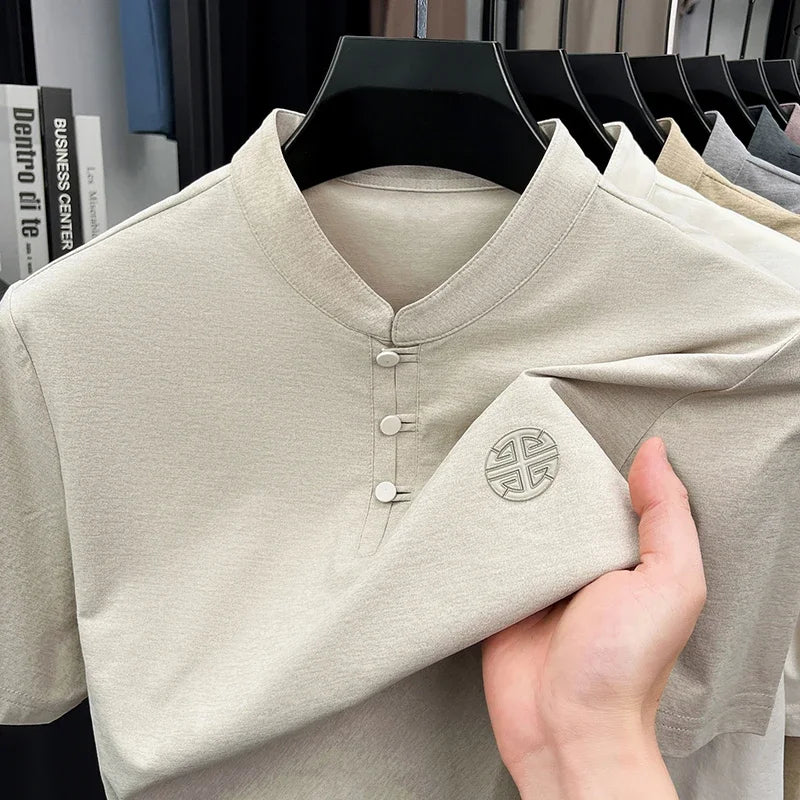 Men's Mandarin Collar Short Sleeve T-Shirt Casual Chinese Style Button