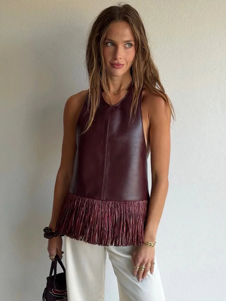 Sexy Women's Tassel PU Leather Vest Backless Sleeveless Button Halter