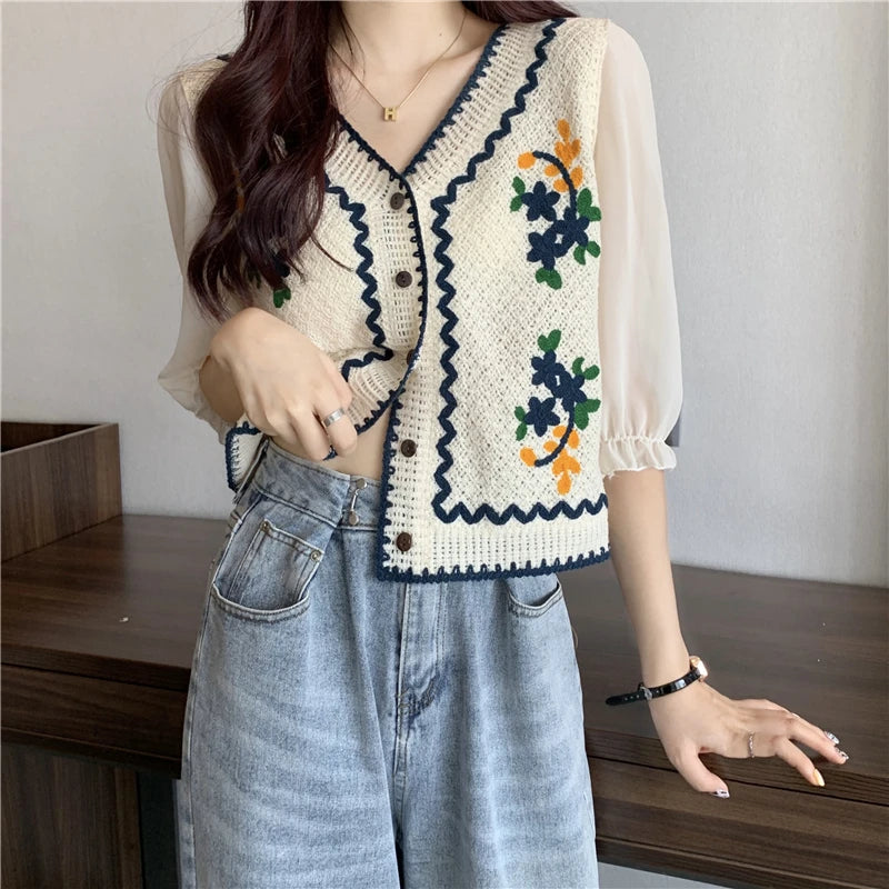Flower Embroidery Crochet Blouse with Chiffon Sleeve Button Front