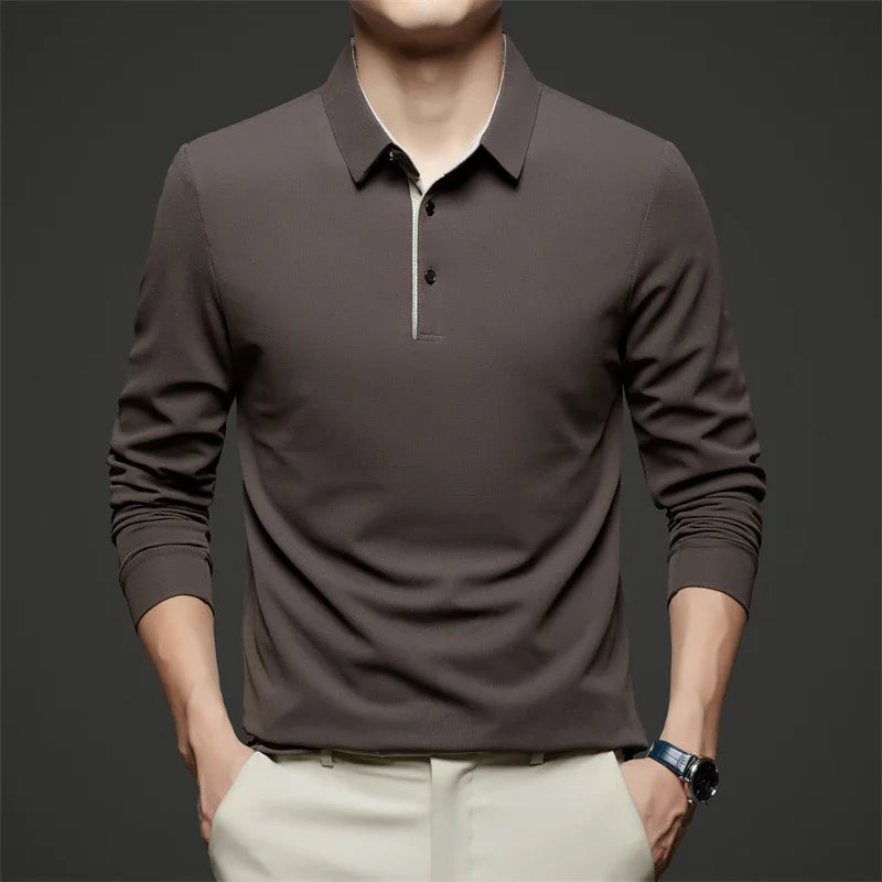 New Men's Business Casual  Long Sleeve Solid Color Polo Shirt