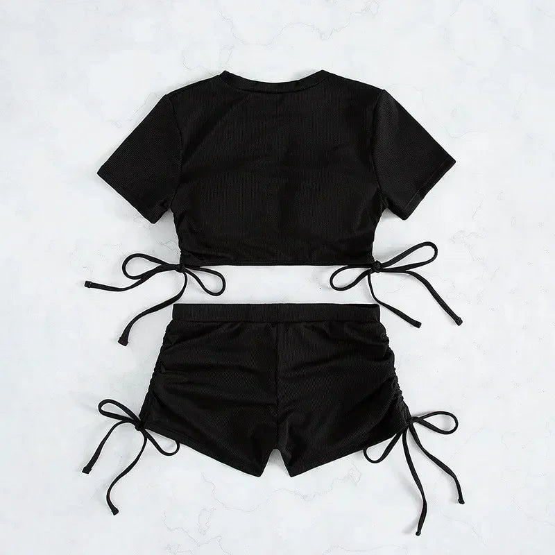 Crop Top Shorts Bottom Swimsuits Women Black Drawstring Swimwear