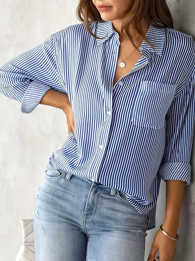Women Long Sleeve Striped Loose Shirt Office Lady Elegant Turn Down
