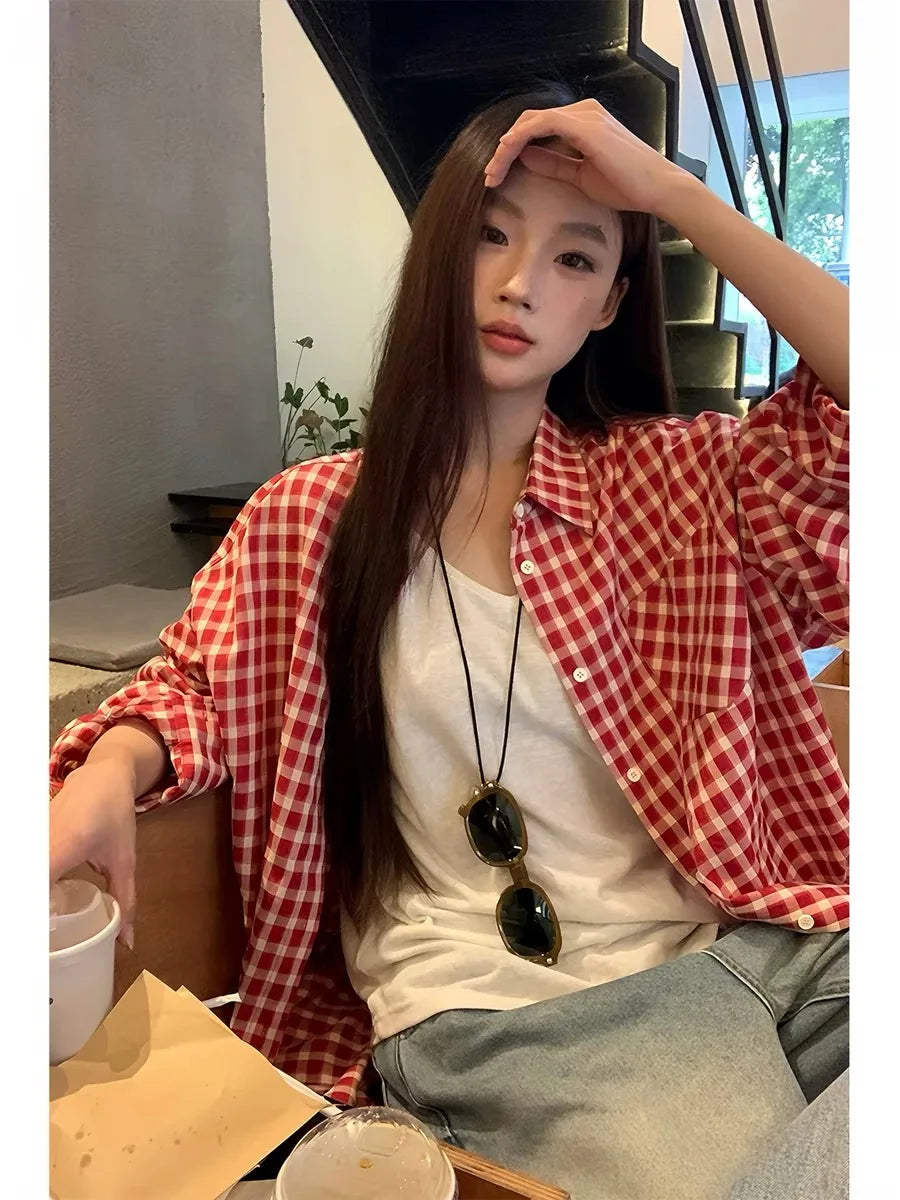 2026 Y2k Autumn Women New Vintage Red Plaid Turn-down Collar