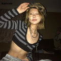 Karrram Trashy Y2k Crop Top Japanese 2000s Style Striped Long Sleeved