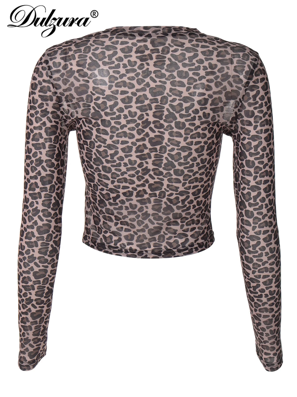 Dulzura Sexy Long Sleeves Tops Mesh T Shirt Leopard Printed Bodycon