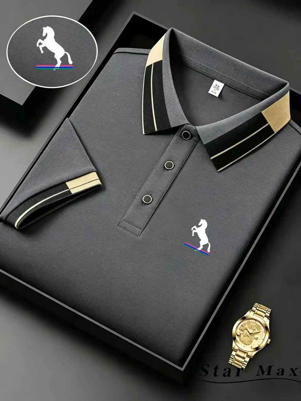 Mens Milano Italy Horse Logo Color Block Polo Shirt Breathable Soft