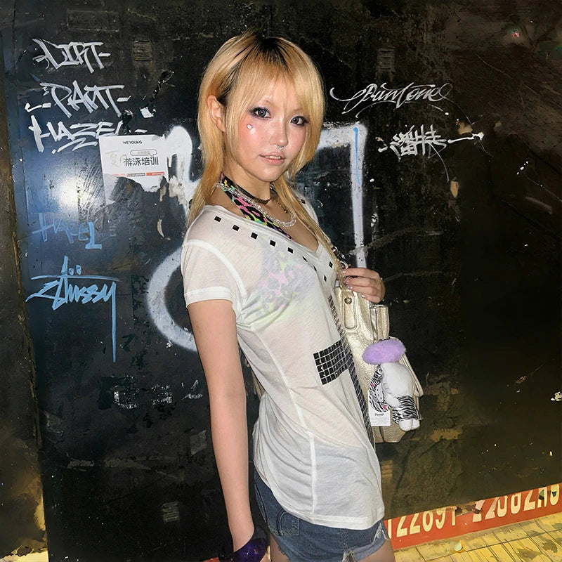 Karrram Japanese Y2k Metal Cross Print T-shirt Vintage Harajuku Short