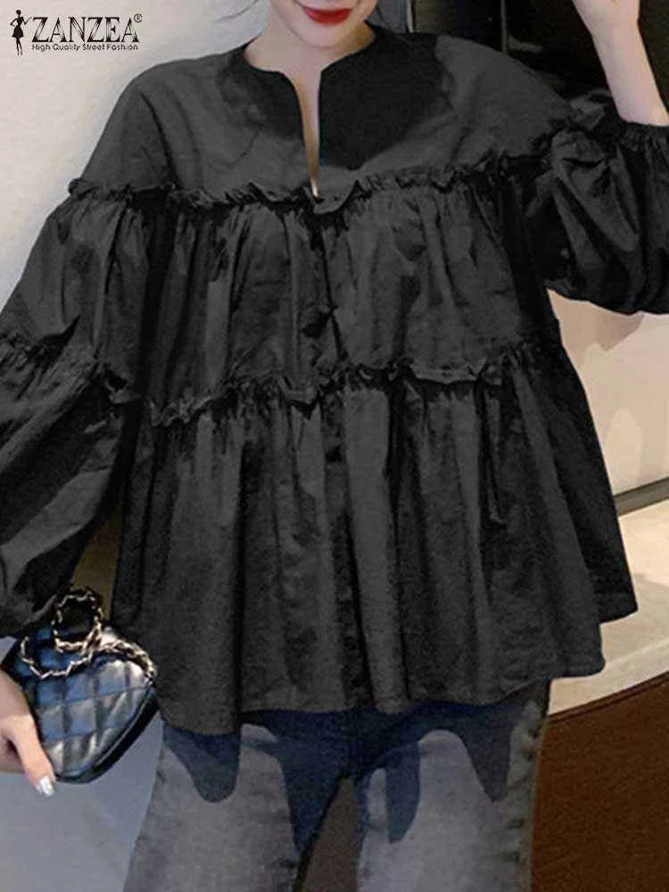 ZANZEA Fashion Women Long Puff Sleeve Blouse Autumn Spring Eelgant