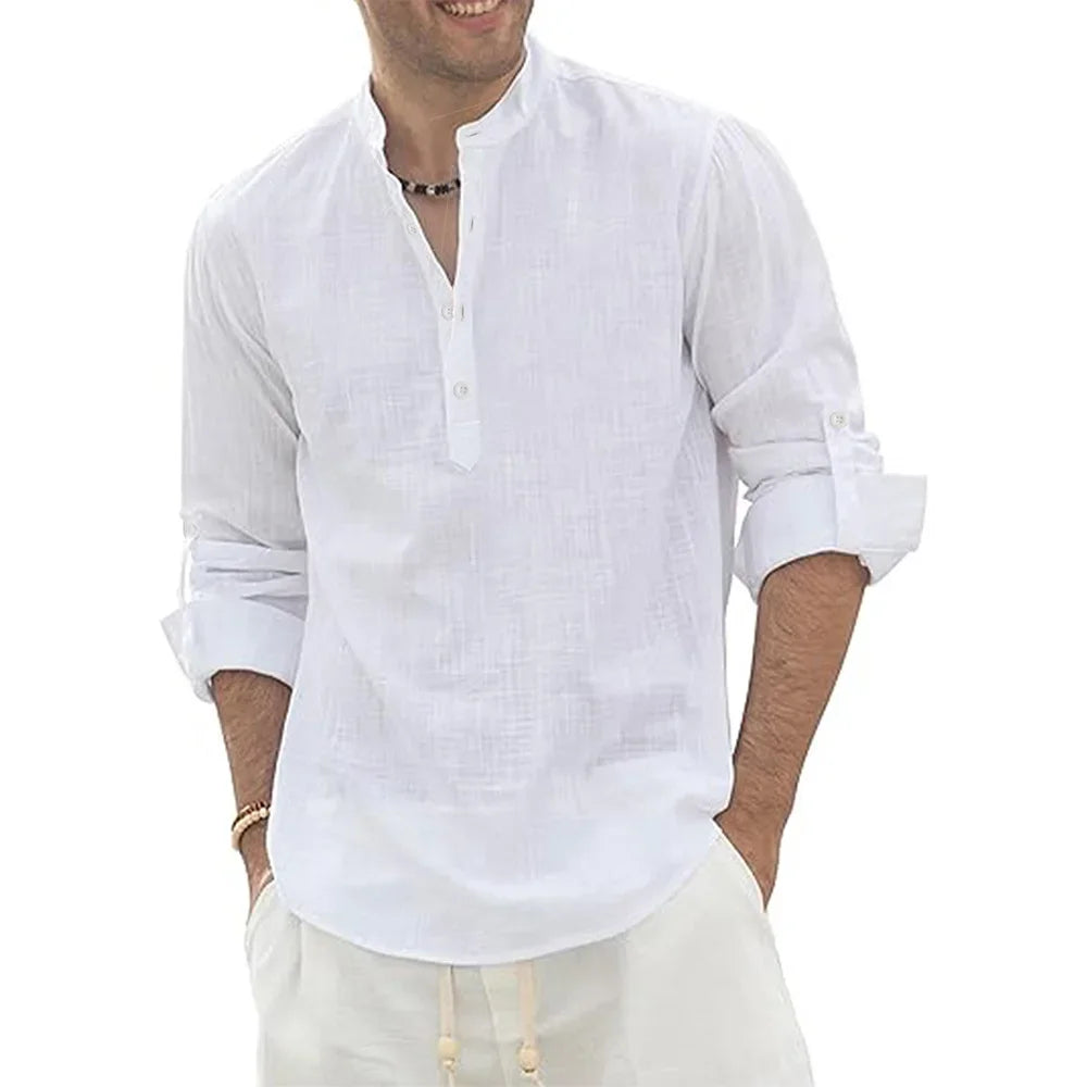 Summer Spring Men's Long Sleeve Polo Shirt Cotton Linen T-shirt Henley