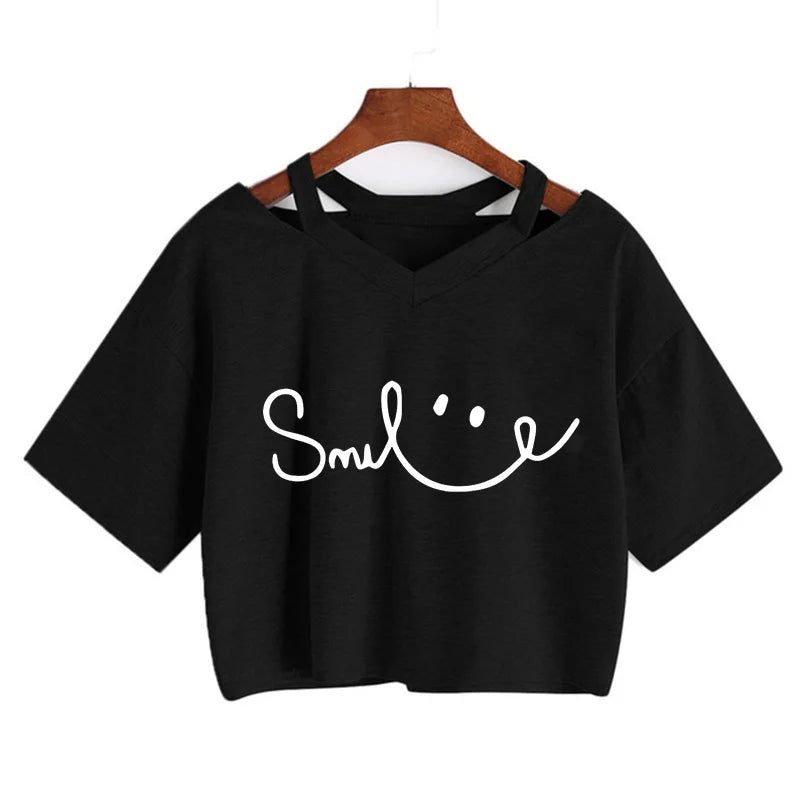 Sexy Cropped T Shirt for Women with Smile Lettre Print Y2k Crop Tops