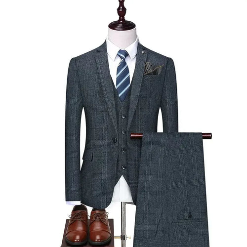 Linen Suit (Blazer+ Vest+Pants) Men's Fashion Hosts British Style Work