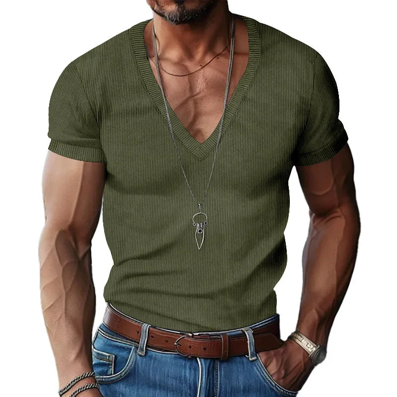 Men's Corduroy European and American Summer Men's V-Neck Solid Color
