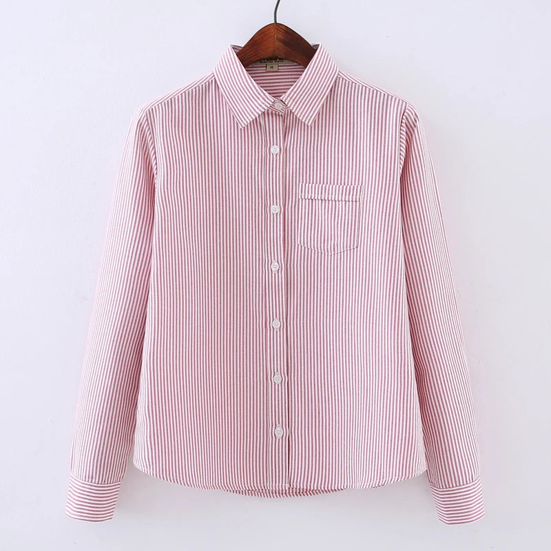 White Blue Pink Striped Shirt Women 2024 Spring New Simple Casual Long