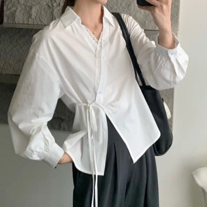 French Retro Lace Patchwork V-Neck Shirts Women Fashion Irregular