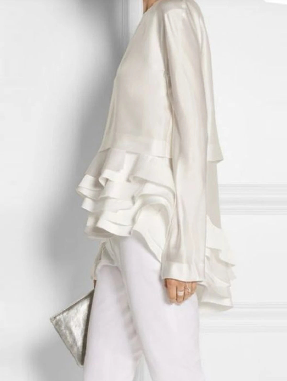 Women Plus Size Shirt Ruffle Elegant Solid Flare Sleeve Ruffle Layered