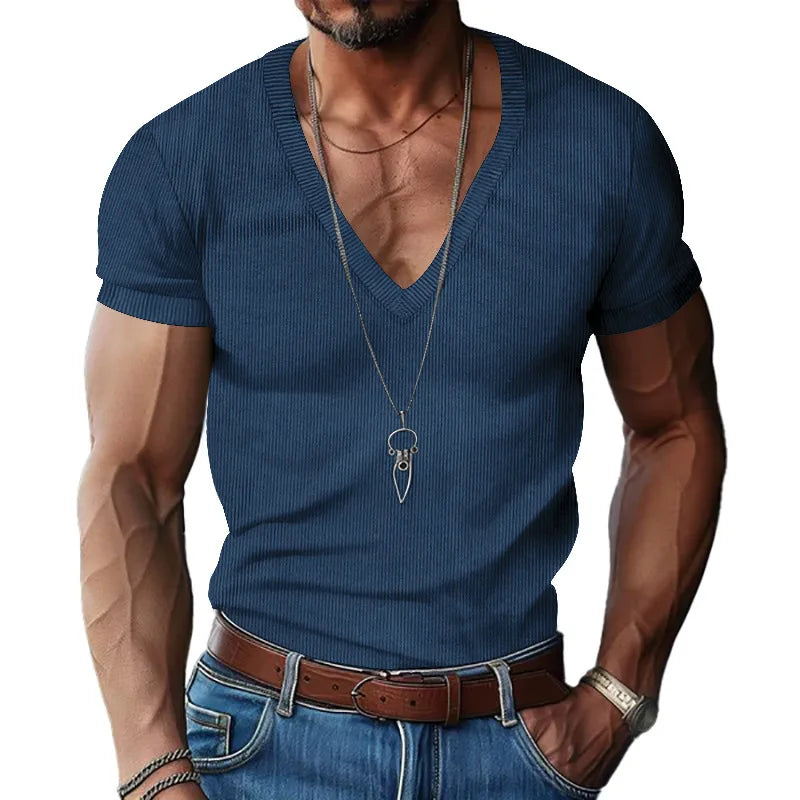 Men's Corduroy European and American Summer Men's V-Neck Solid Color
