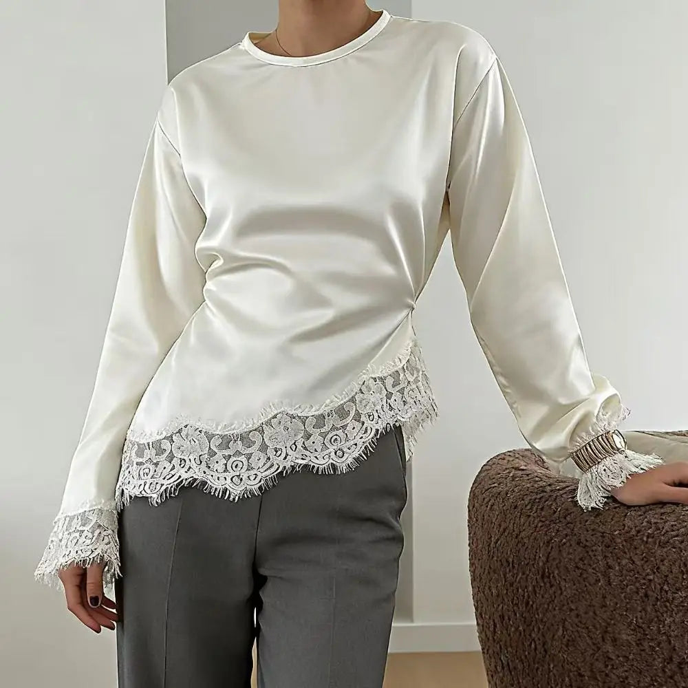 Fashion Belted Waist Lace Patchwork Top Flare Sleeve Asymmetrical