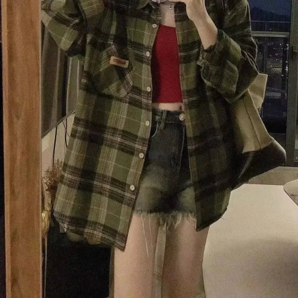 Vintage Dark Green Plaid Shirt Women Long Sleeve Oversized American