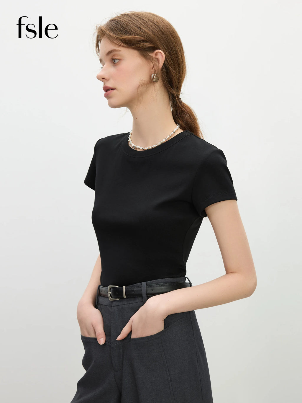 FSLE MInimalism Style Pink Straight Shoulder Short-sleeved T-shirt for