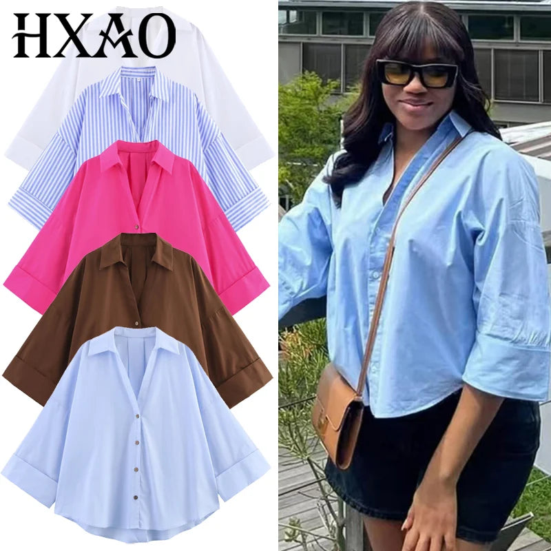 HXAO 2025 Women's Shirt Summer Crop Oversized Shirts & Blouses White