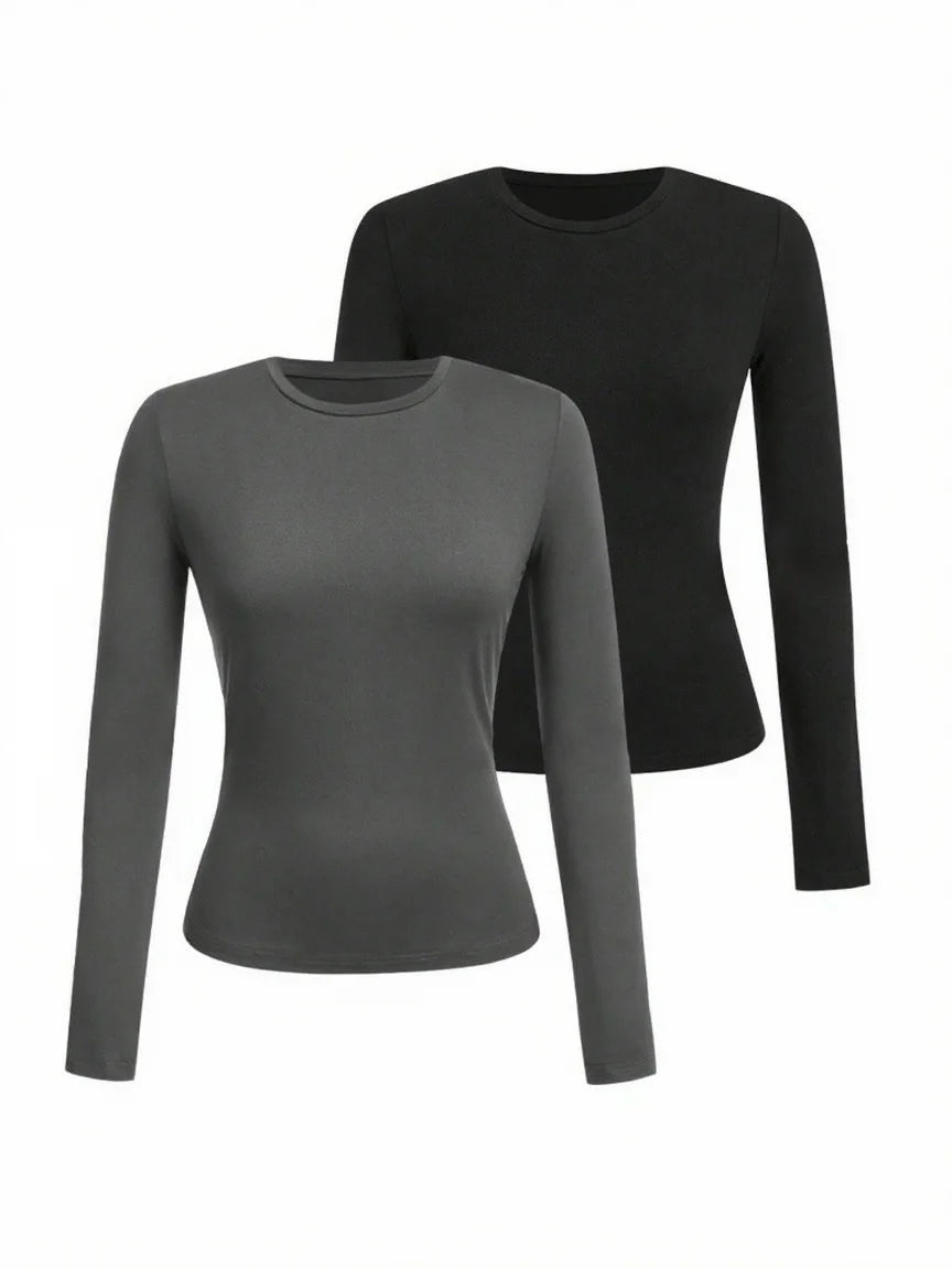 Women's solid-color long-sleeved T-shirt - Polyester knitted fabric,
