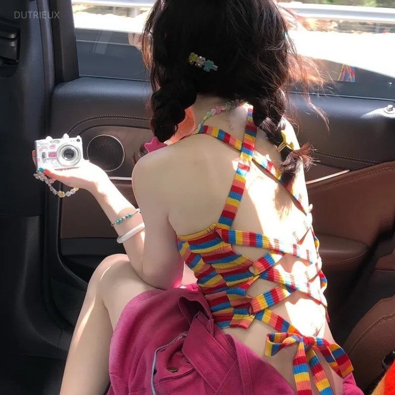 Sweet Rainbow Stripes Vest Women Clothing Chic Cute Korean Camis Y2k