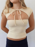 2000s Chic Front Cutout Tops for Women Bow Tie Up Tee Shirt Short
