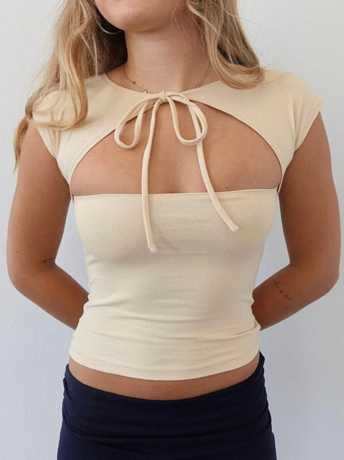 2000s Chic Front Cutout Tops for Women Bow Tie Up Tee Shirt Short