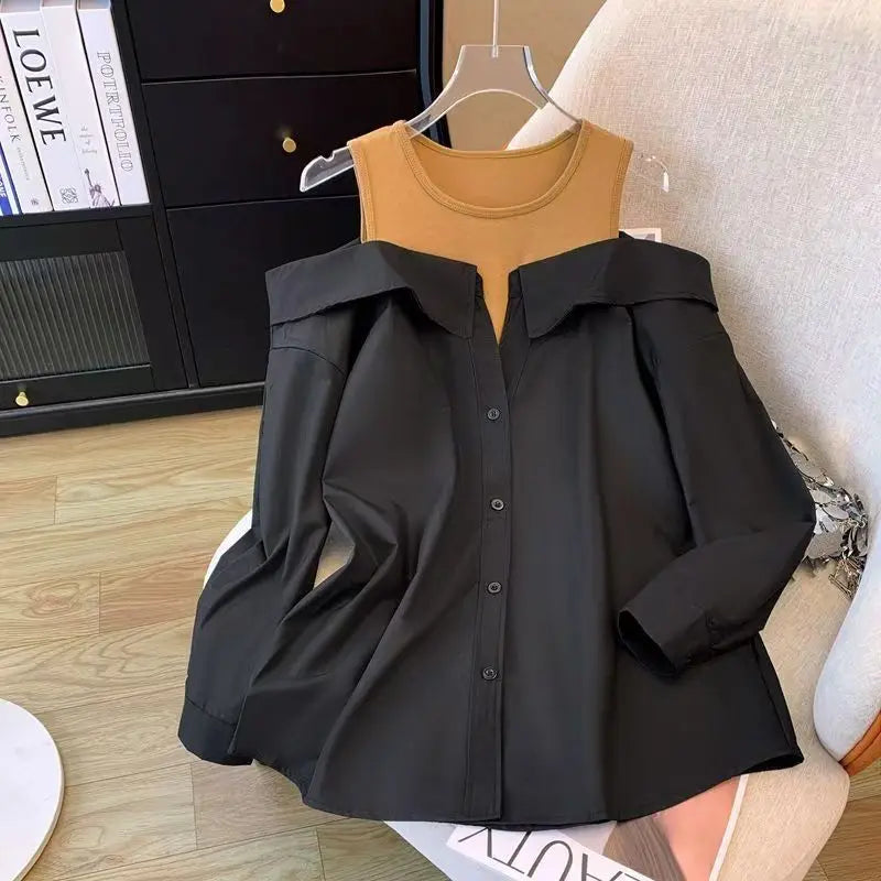 False Two Piece Polo Collar Blouse Women Shirt Loose Tank Patchwork
