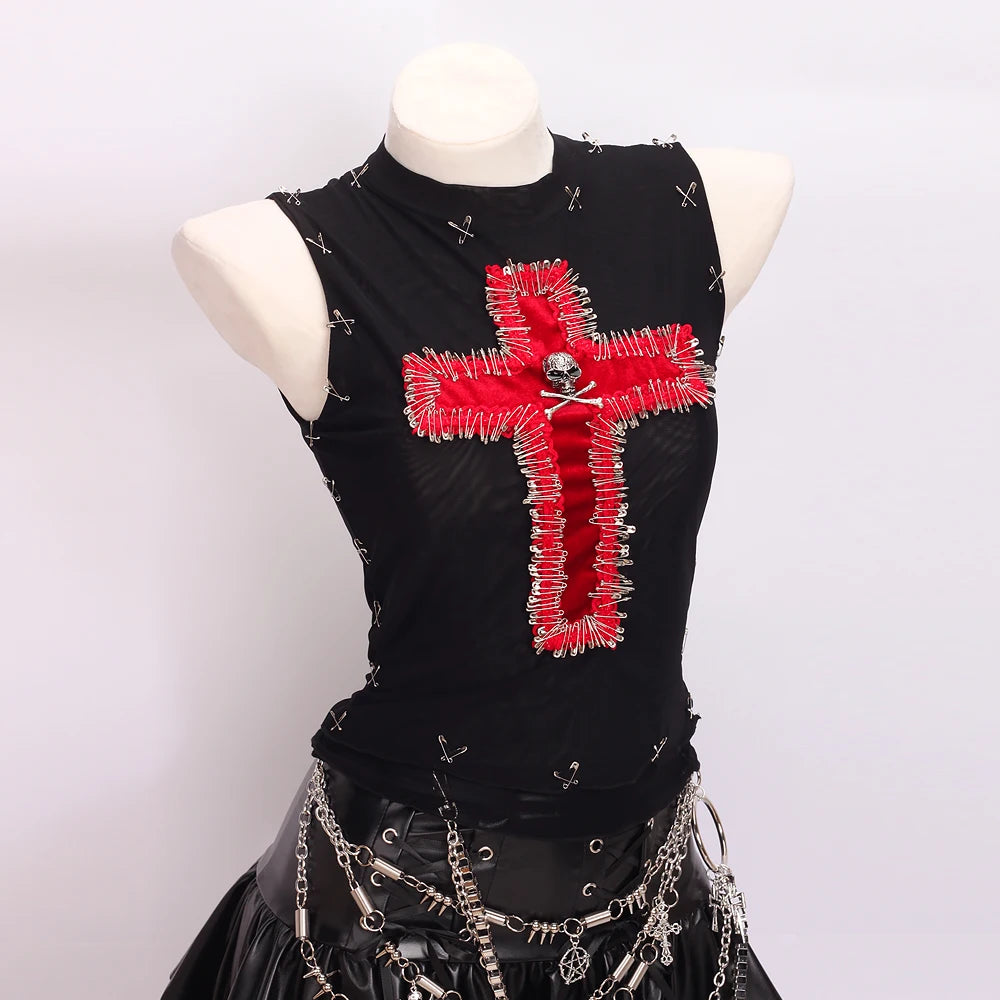 Women's Y2K Goth Cross Crop Top Boho Emo Grunge Punk Rock Teens Tank
